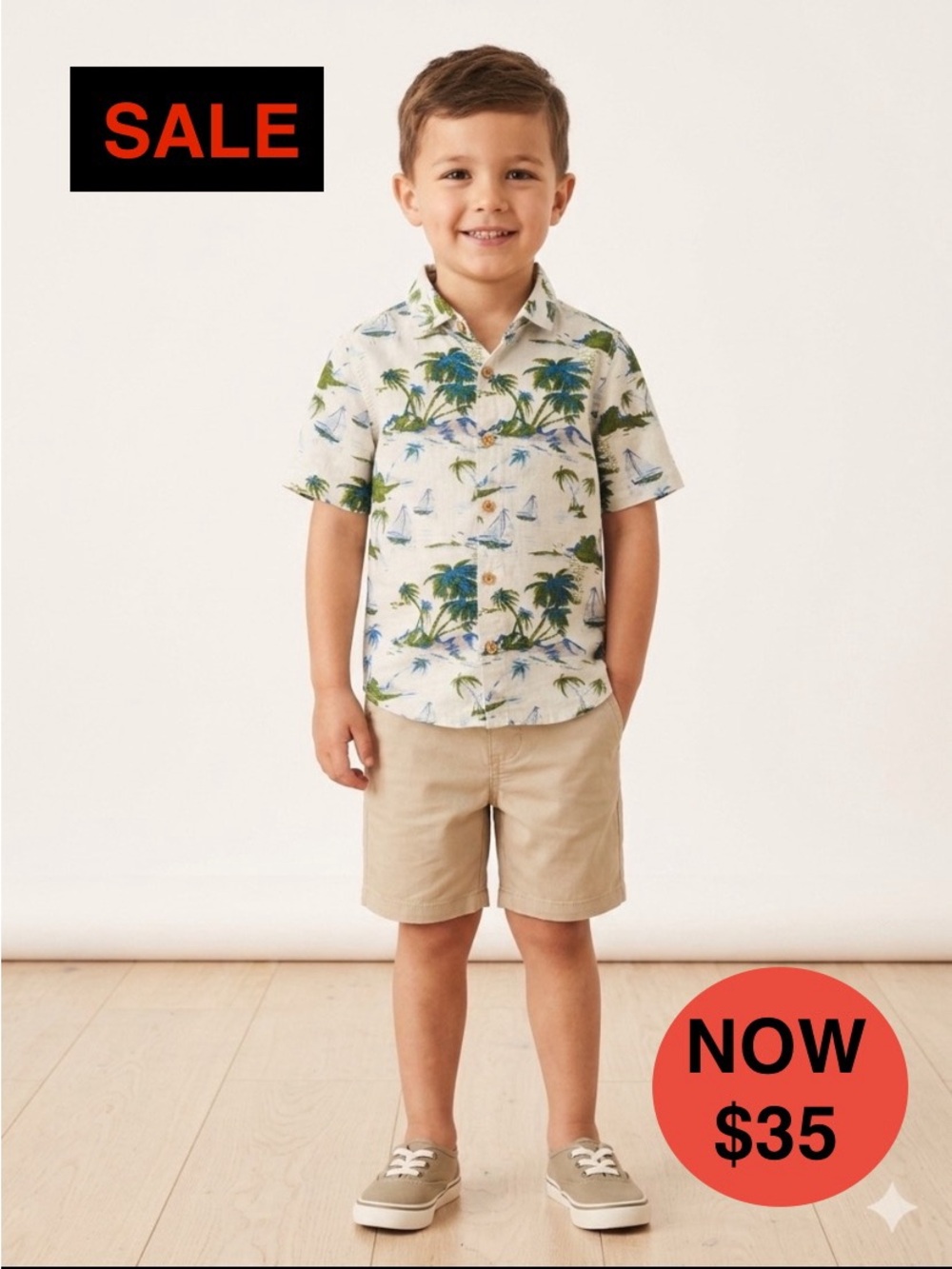 Next Kids Boys Tropical Sailboat Hawaiian Button Down Shirt Size 3-4Y EUC
